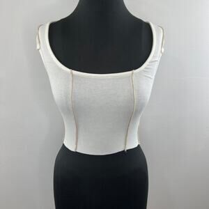 NEW Isalis White Cap Sleeve Scoop Neck Cropped Elise Exposed Stitch Tee Size S